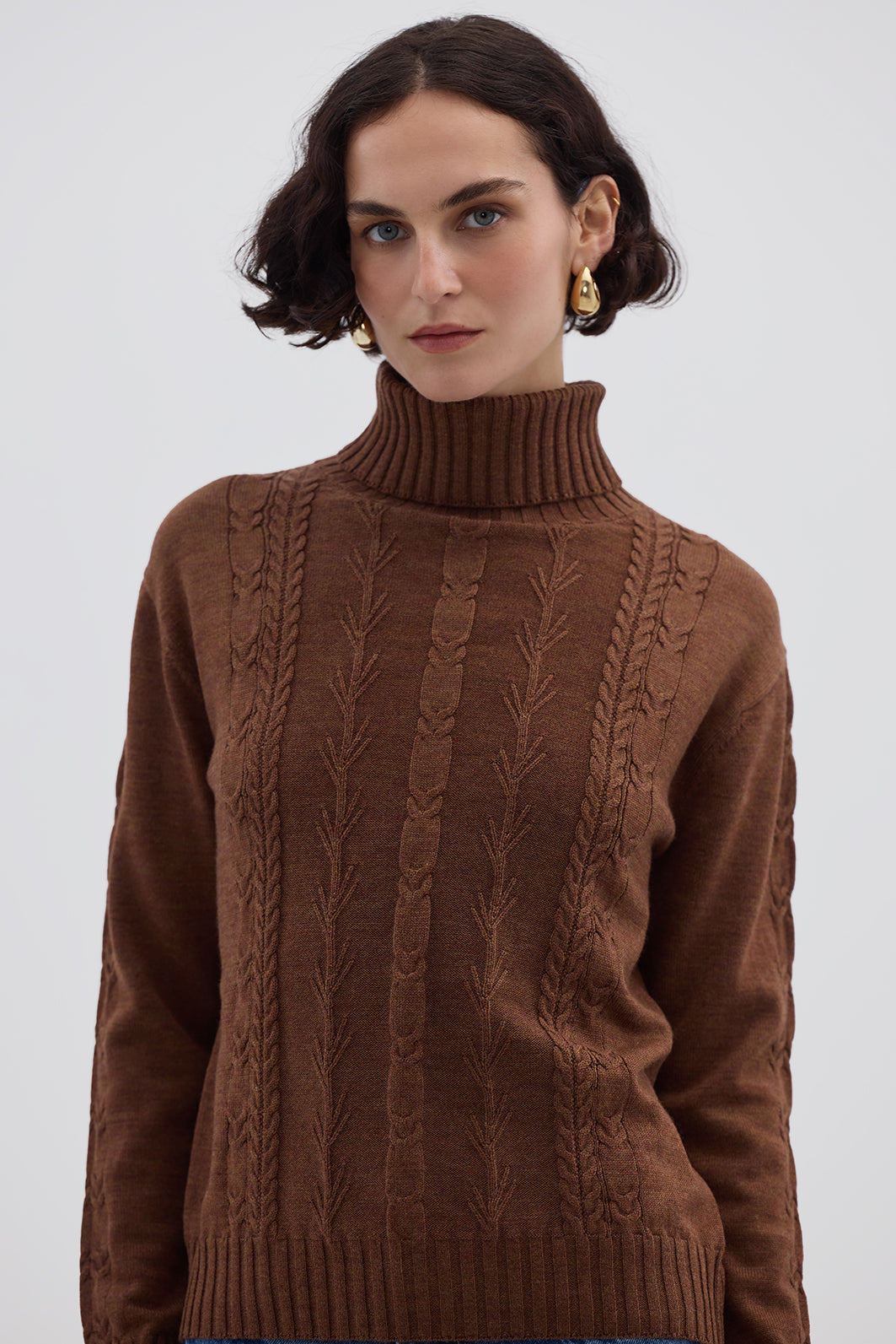 Model wearing the Walnut Quirindi Cable Merino Sweater – cozy and elegant ladies wool sweater