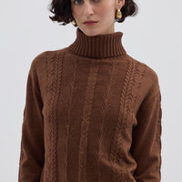 Model wearing the Walnut Quirindi Cable Merino Sweater – cozy and elegant ladies wool sweater