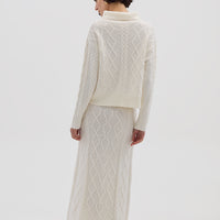 Ladies Maxi Skirt Knit in Cream styled with a cozy sweater – effortlessly elegant knitwear