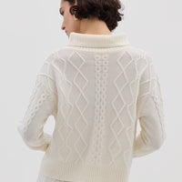 Ladies Wool Jumper in Cream – classic button-neck silhouette with intricate cable-knit texture
