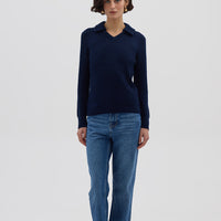 Model wearing the Navy Ribbed V-Neck Merino Sweater – soft and stylish ladies wool sweater