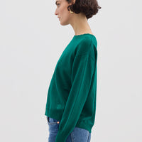 Side view of model in Emerald Wool Sweater – warm, lightweight, and effortlessly stylish