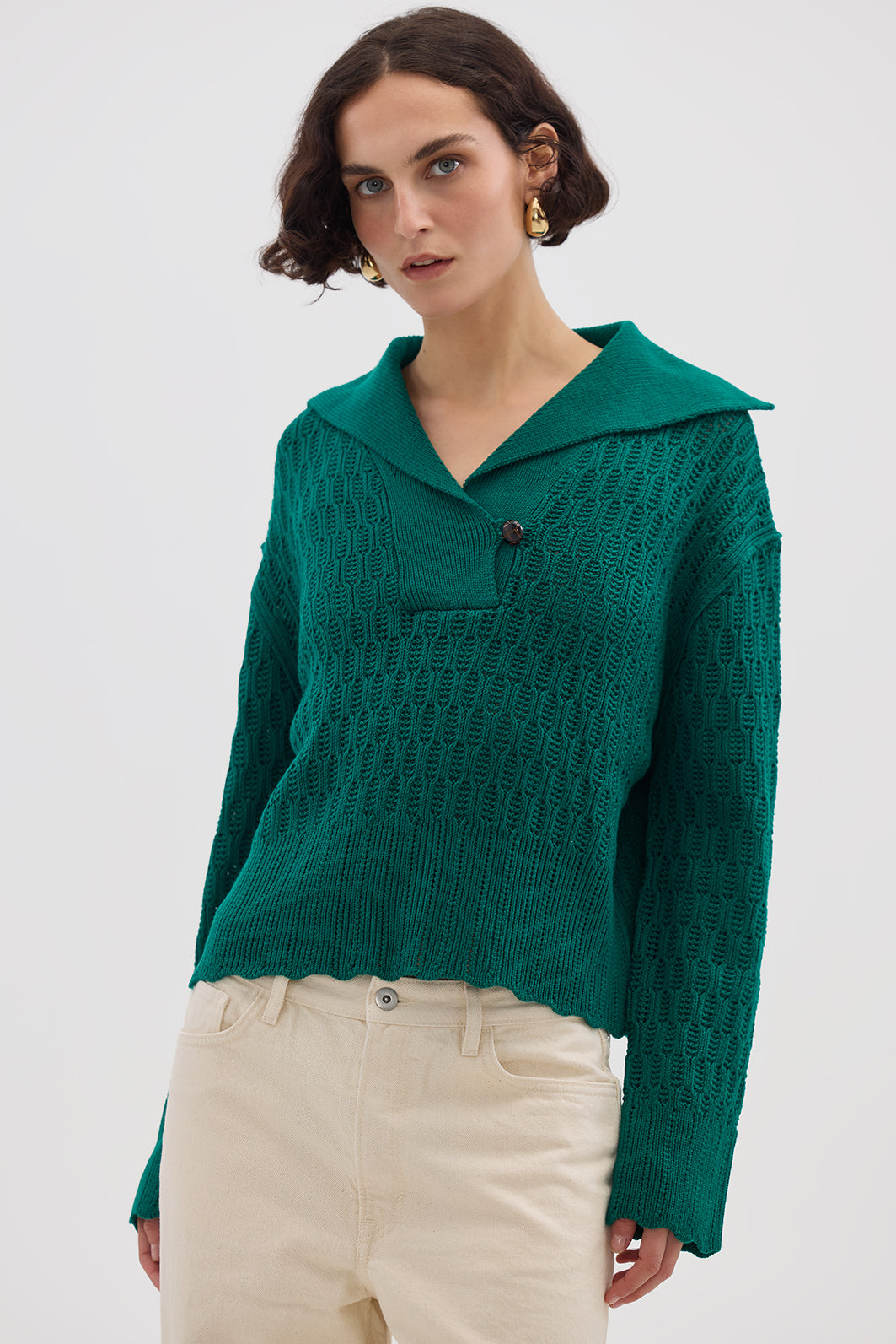 Model wearing the Emerald Corded Rib Sailor Collar Merino Sweater – bold and elegant ladies wool sweater