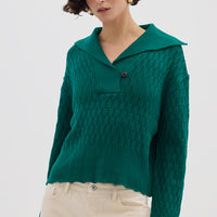 Model wearing the Emerald Corded Rib Sailor Collar Merino Sweater – bold and elegant ladies wool sweater