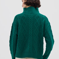 Ladies Wool Jumper in Emerald – intricate cable-knit texture with a button-neck design