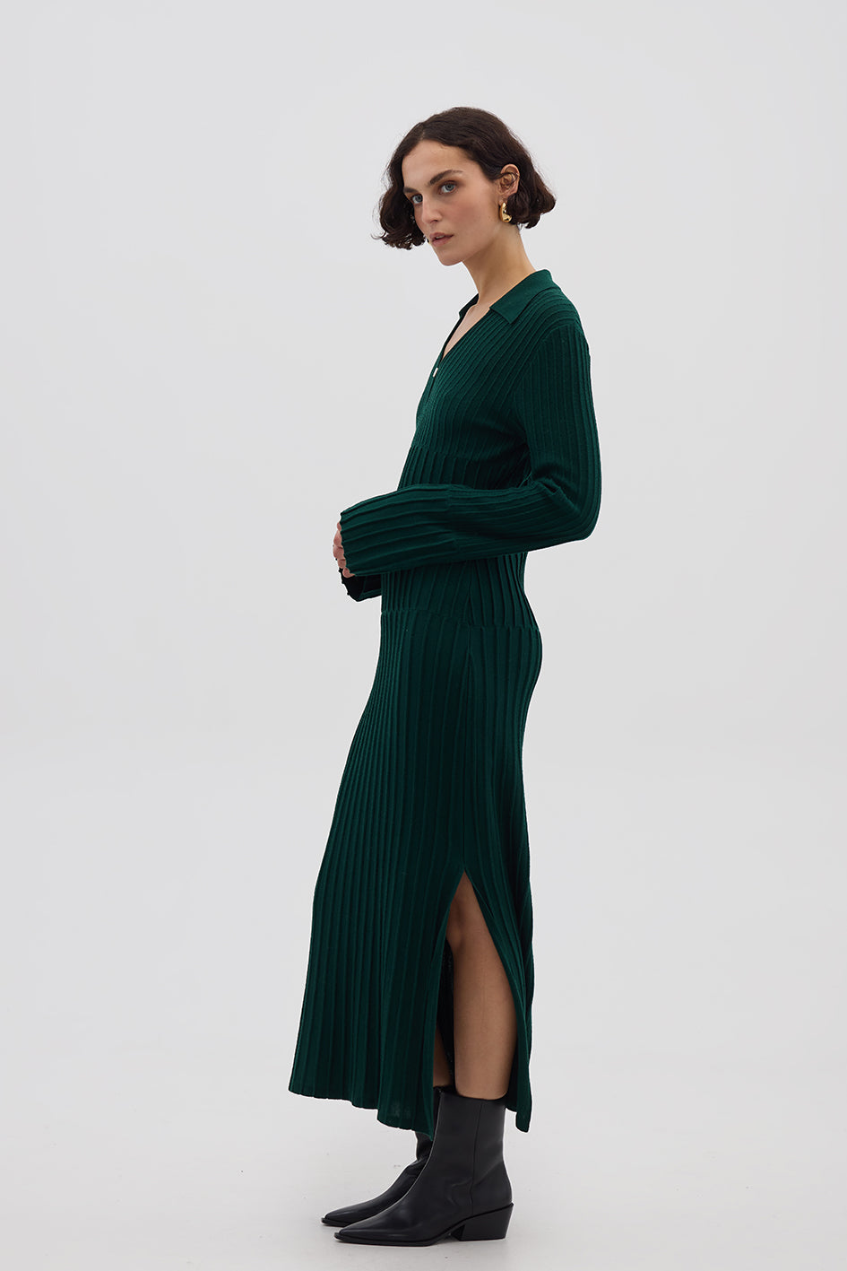 Long Wool Dress in Emerald styled with boots – sophisticated and polished