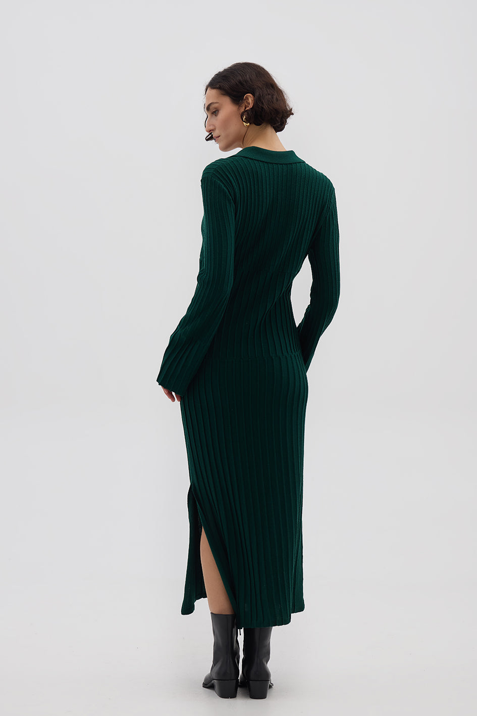 Long Wool Dress in Emerald styled with boots – sophisticated and polished