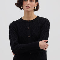 Model wearing the Black Heart Cable Wool Cardigan – elegant ladies wool cardigan in a deep black shade