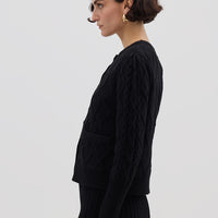 Side view of model in Black Wool Cardigan – timeless and effortlessly chic winter knit