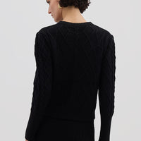 Ladies Wool Cardigan in Black styled open – versatile and cozy layering piece