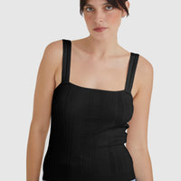 Black Isla ribbed cami top with elegant pointelle strap detail.