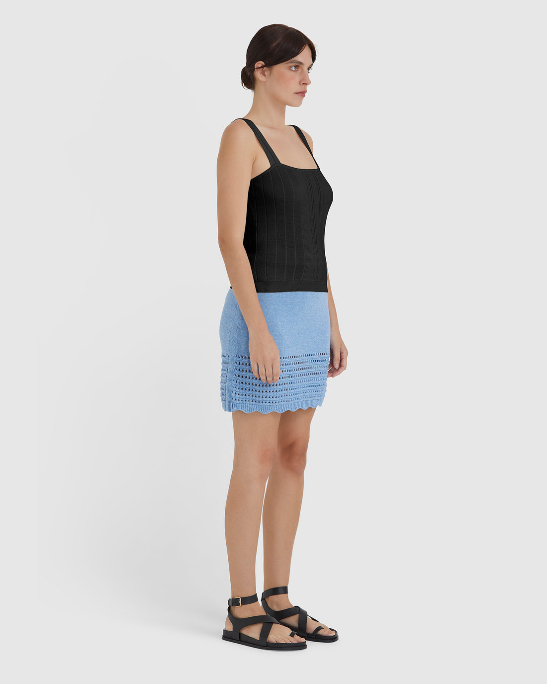 Side view of pointelle detail of wool cami top.