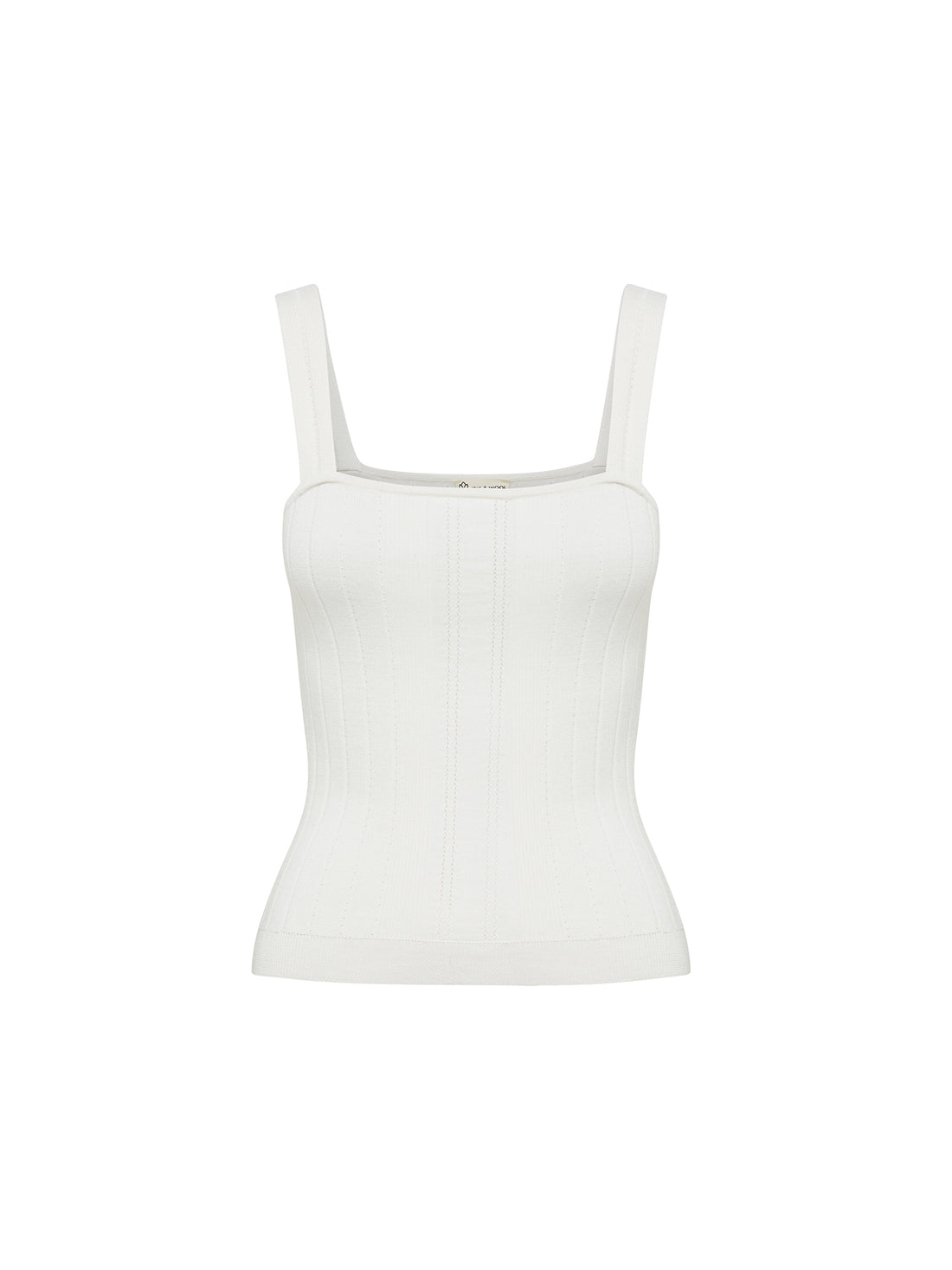 Close-up of ribbed silk wool cami with delicate pointelle straps.