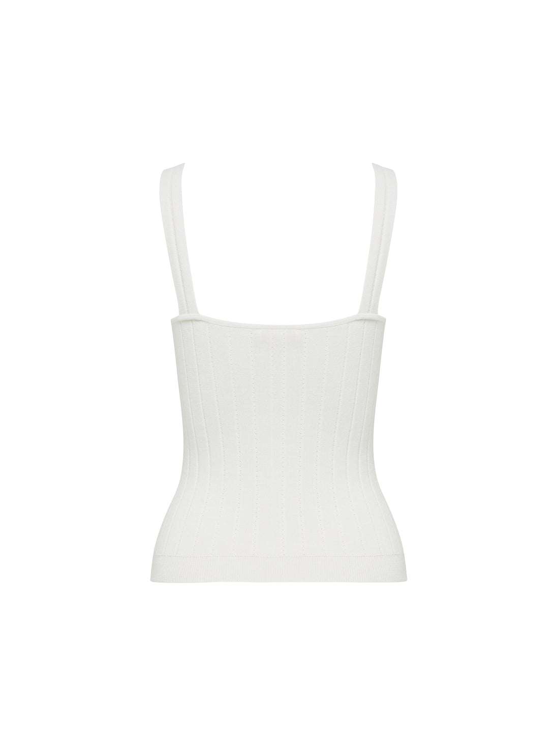Close-up back view of ribbed silk wool cami with delicate pointelle straps.