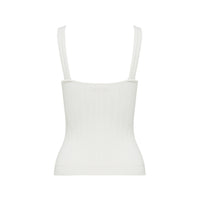 Close-up back view of ribbed silk wool cami with delicate pointelle straps.