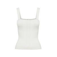 Close-up of ribbed silk wool cami with delicate pointelle straps.