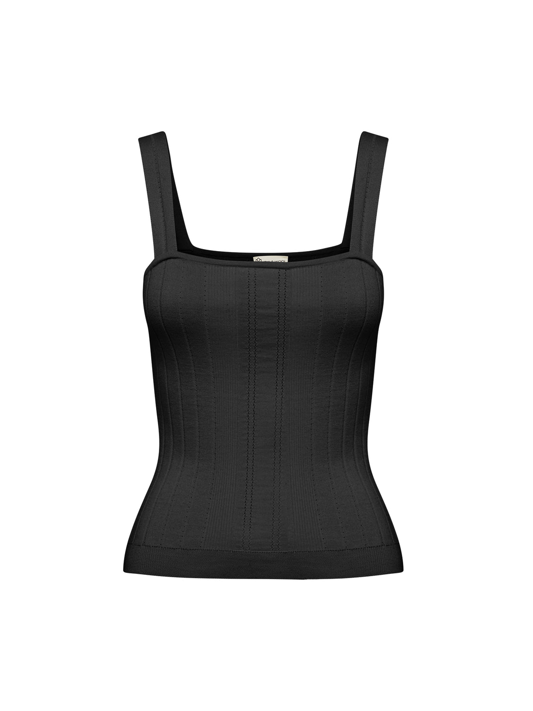 Close-up of ribbed black cami with delicate pointelle straps.