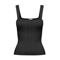 Close-up of ribbed black cami with delicate pointelle straps.