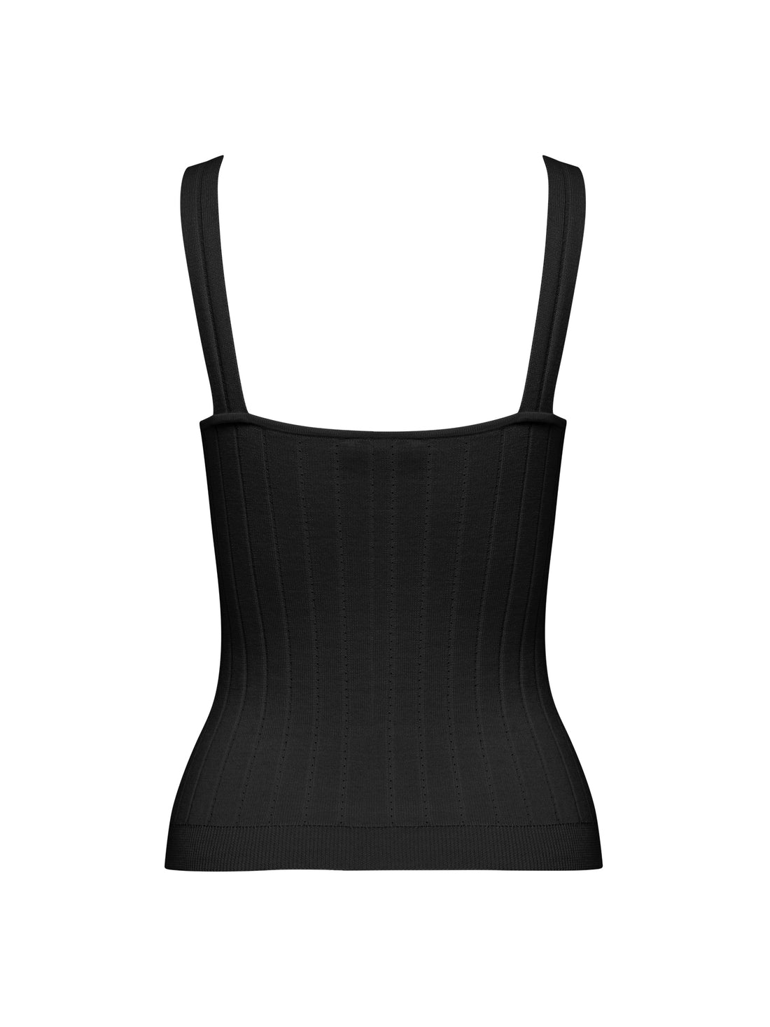 Close-up back view of ribbed black cami with delicate pointelle straps.