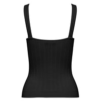 Close-up back view of ribbed black cami with delicate pointelle straps.