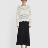 Lightweight wool sweater in cream with crochet detailing, perfect for layering.