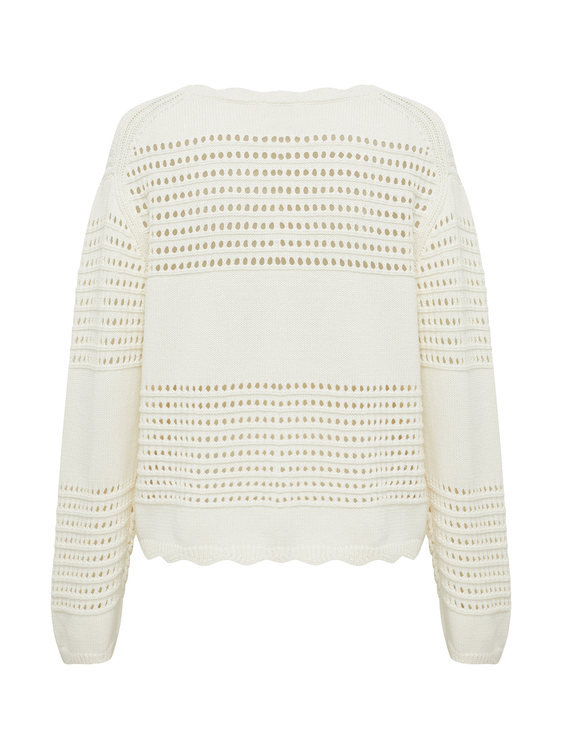 back view of the margot crochet sweater with crochet details and scalloped edging.