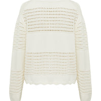 back view of the margot crochet sweater with crochet details and scalloped edging.