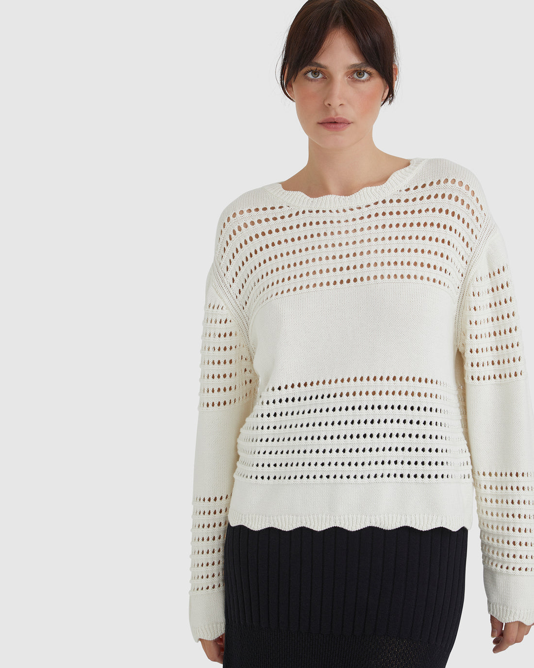 Cream Margot Crochet Sweater with alternating crochet and ribbed panels.