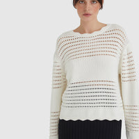 Cream Margot Crochet Sweater with alternating crochet and ribbed panels.