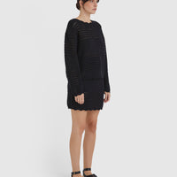 Classic black wool sweater with crochet texture for summer layering.