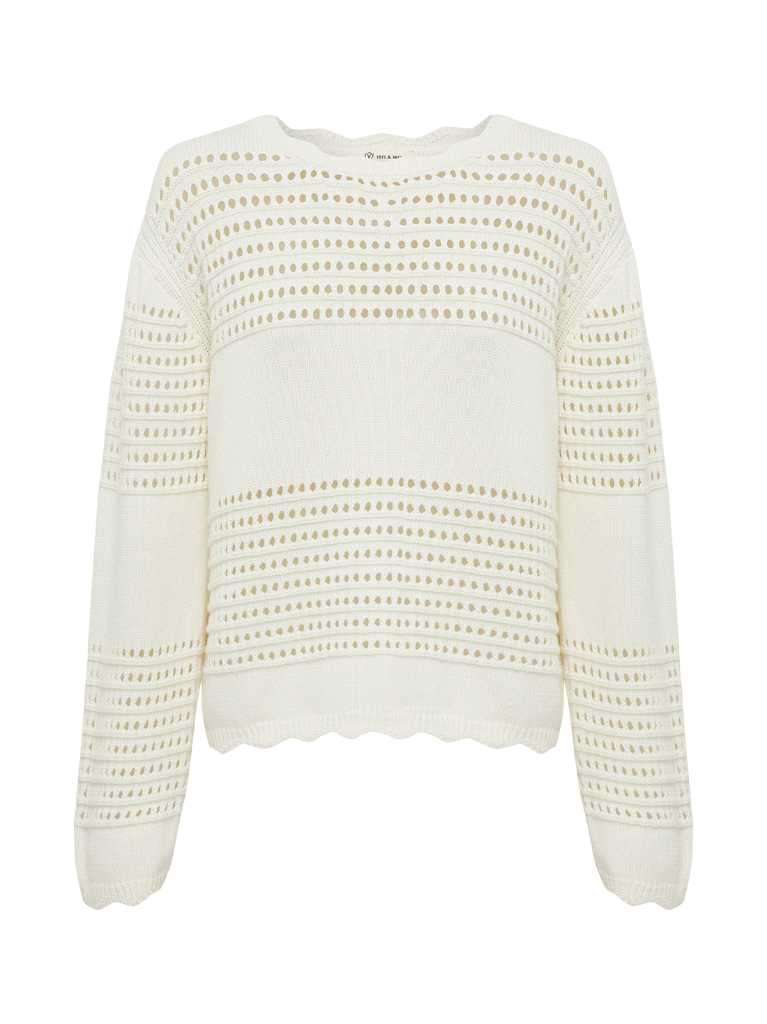close up of the margot crochet sweater with crochet details and scalloped edging.