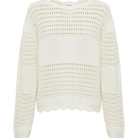 close up of the margot crochet sweater with crochet details and scalloped edging.