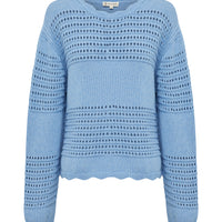 close up of the margot crochet sweater with crochet details and scalloped edging.