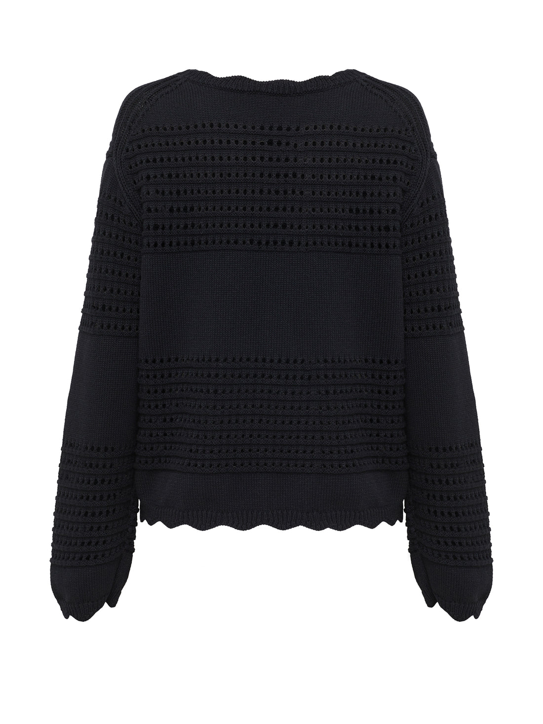 back view of the margot crochet sweater with crochet details and scalloped edging.