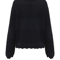 back view of the margot crochet sweater with crochet details and scalloped edging.