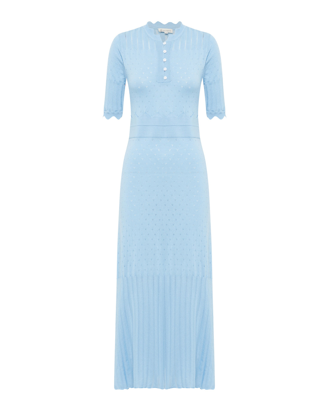 Close up of front view of pointelle wool dress with pointelle and scallop fine details