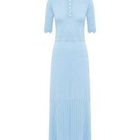 Close up of front view of pointelle wool dress with pointelle and scallop fine details