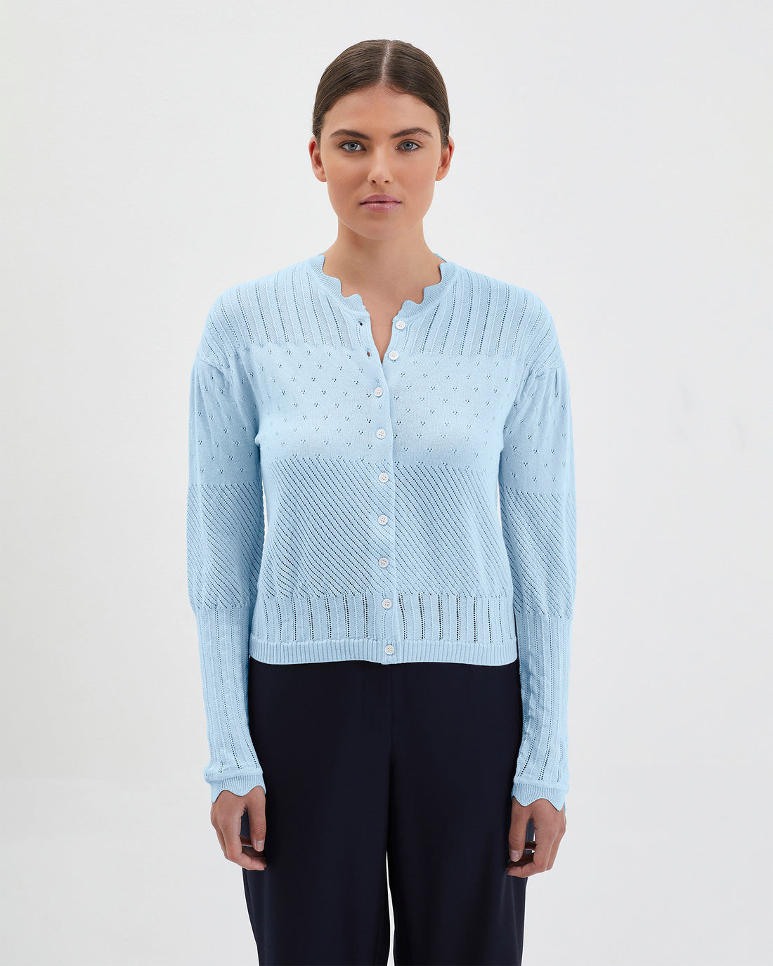 Sea foam Elle wool cardigan with scalloped neckline