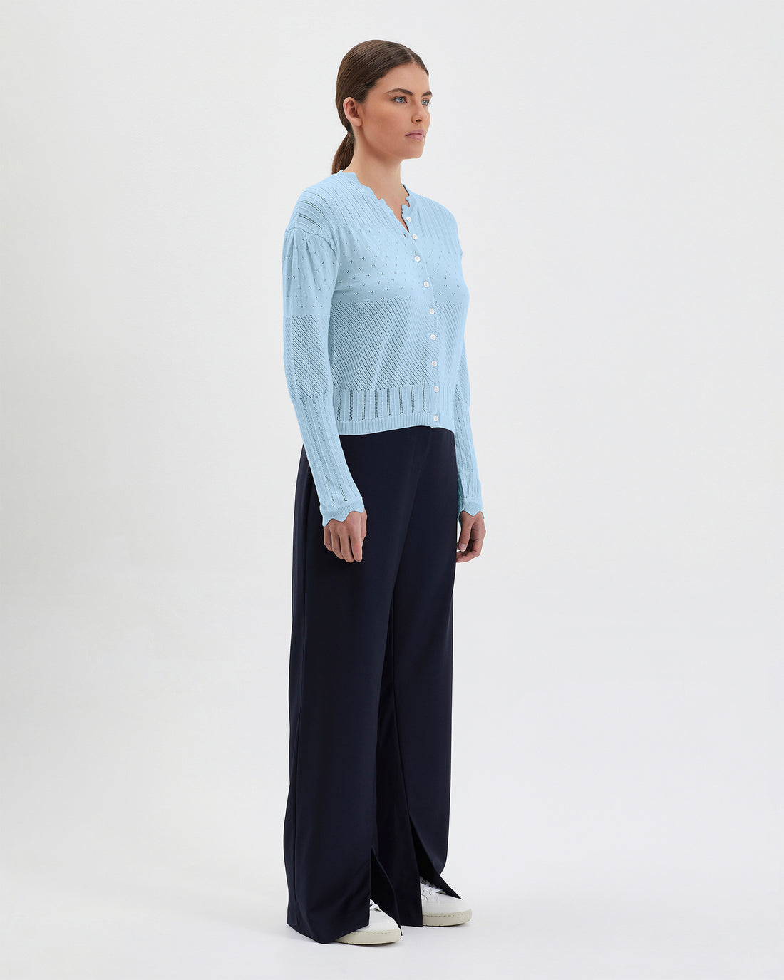 Close-up of sea foam Elle Merino wool cardigan for layering