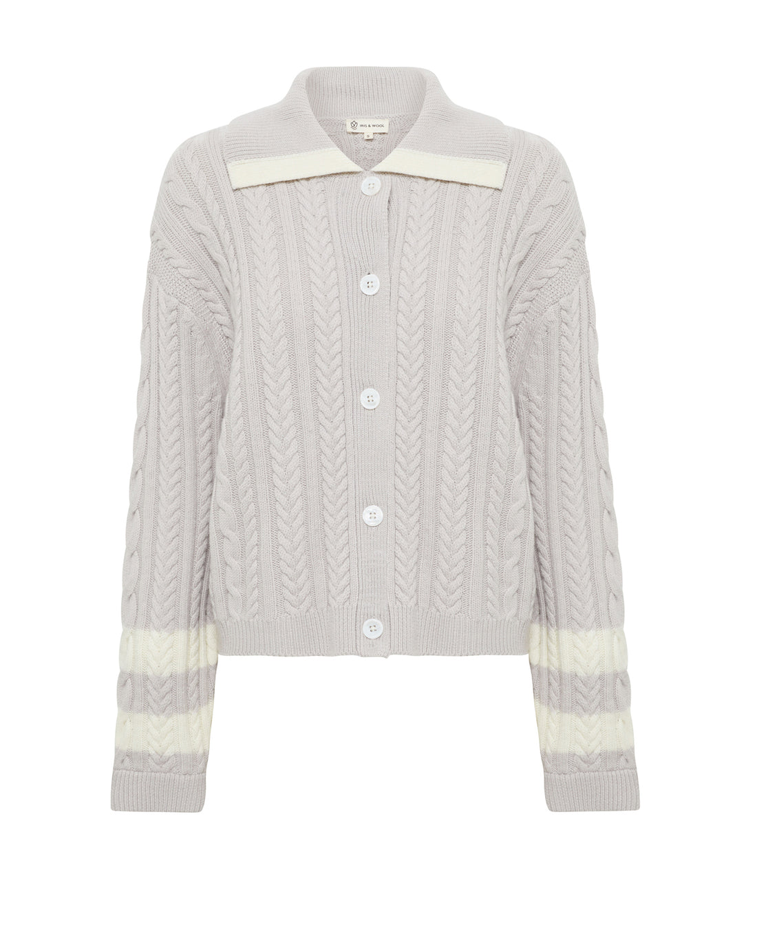 Close-up of Petrisse wool cardigan in classic knitwear style