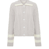 Close-up of Petrisse wool cardigan in classic knitwear style