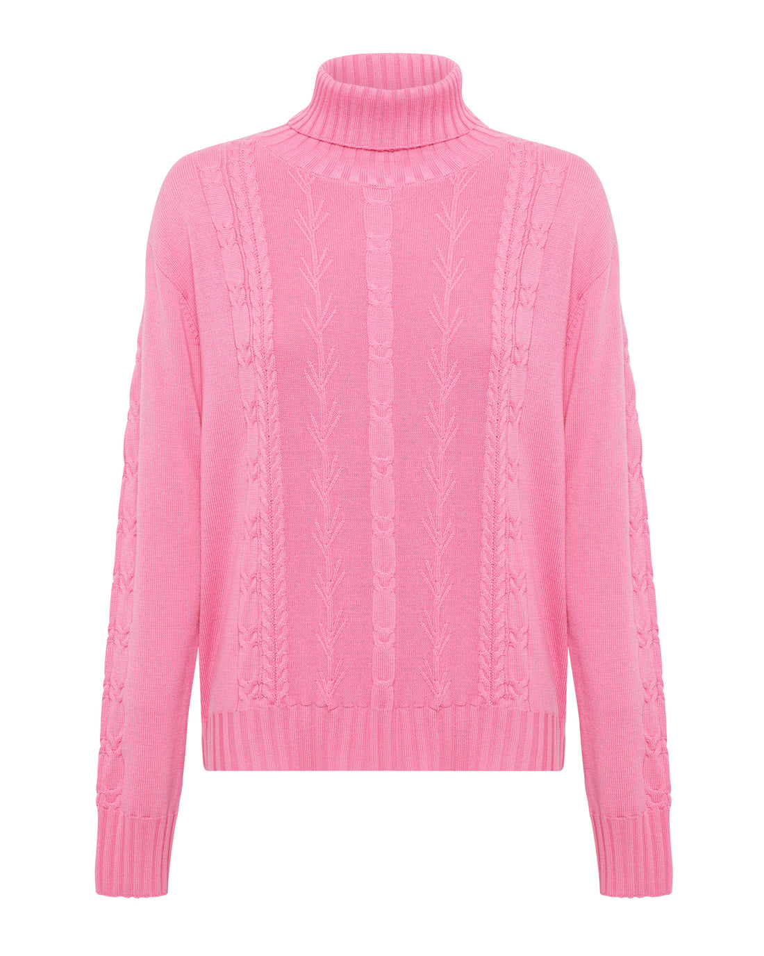 Close up of the Candy pink Merino wool cable knit jumper for women