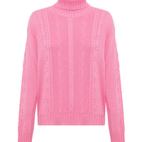 Close up of the Candy pink Merino wool cable knit jumper for women