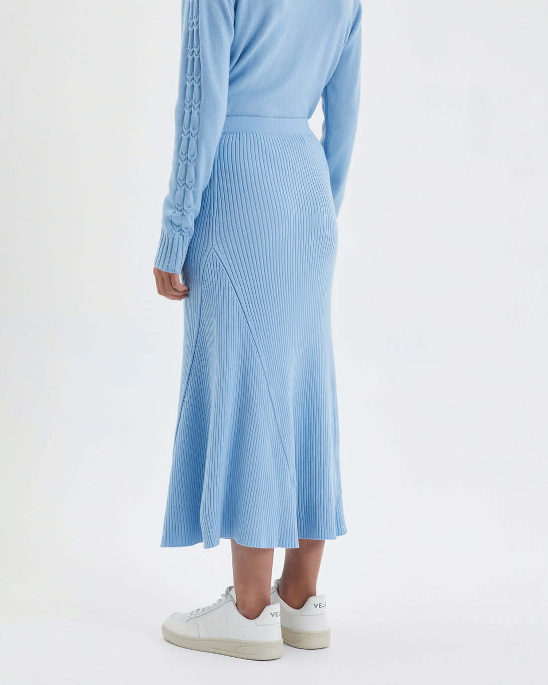 Back view of wool midi skirt in seafoam.