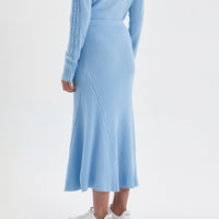 Back view of wool midi skirt in seafoam.