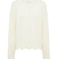 Close up view of a cream wool sweater featuring pointelle and scallop edging.