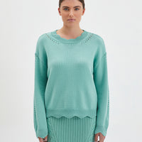 Scallop Wool Sweater in Sage with scalloped details on neckline and cuffs.