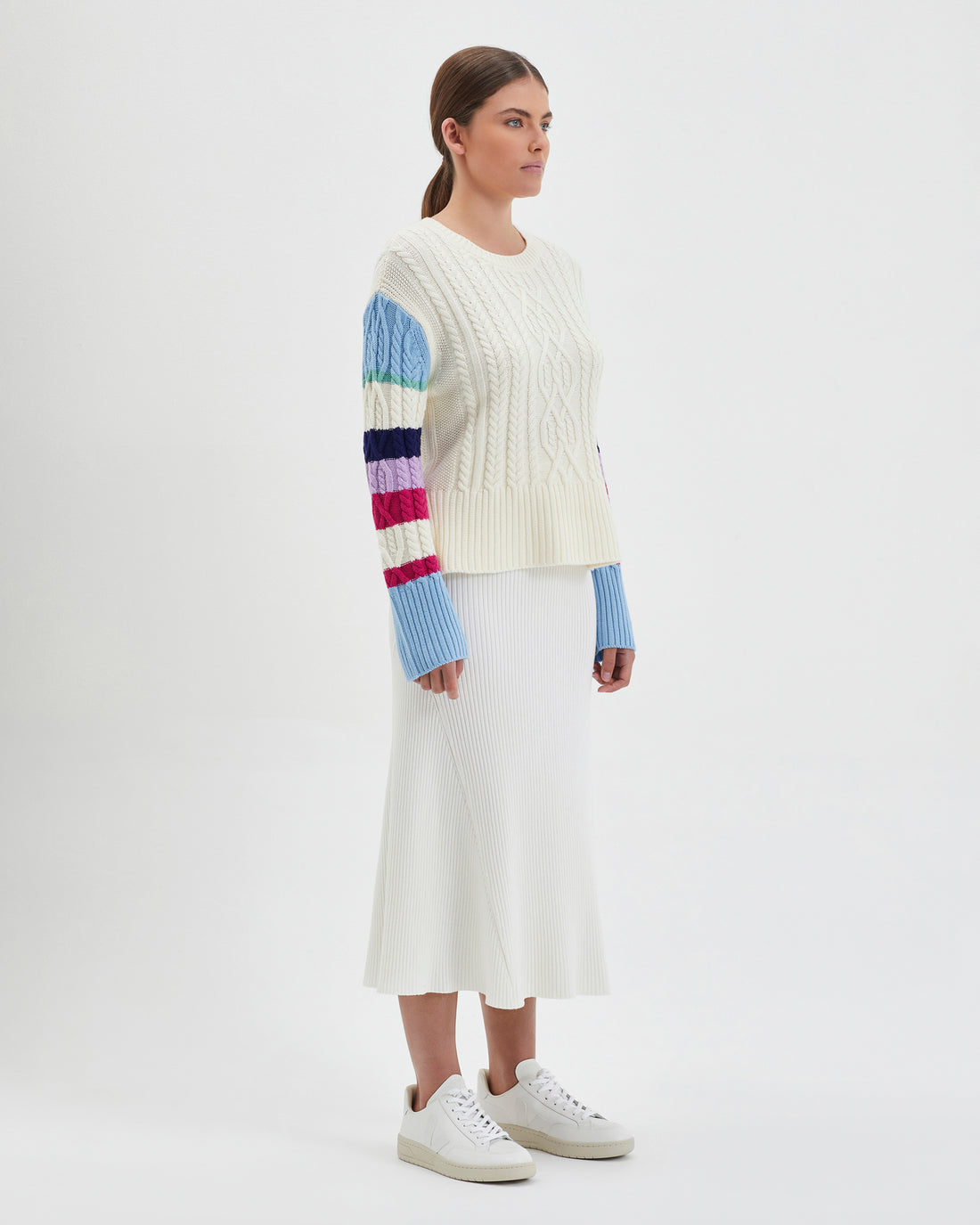 Vibrant multi-color Burra crochet sweater in cozy Merino wool