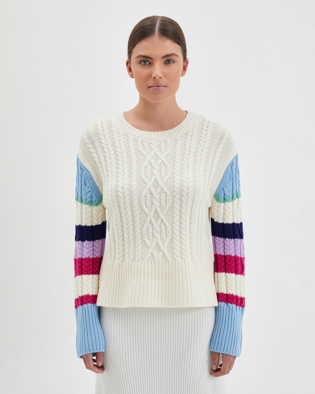 Multi-color Merino wool crochet sweater with cable design