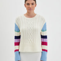 Multi-color Merino wool crochet sweater with cable design